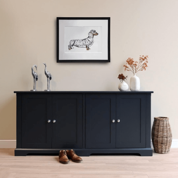 Ashford shoe storage cupboard with 4 doors shown in a hallway - painted dark blue with a blue painted top