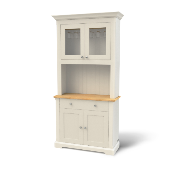 Ashford Bar with glasses holder and drinks cabinet has solid oak illuminated bar surface, drawer and glazed cupboard