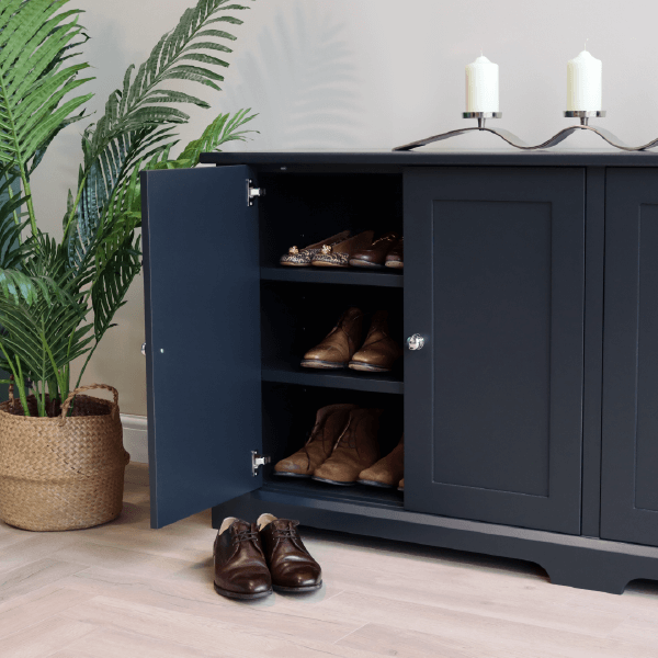 Ashford Double Shoe Cupboard with internal shoe storage painted in dark blue