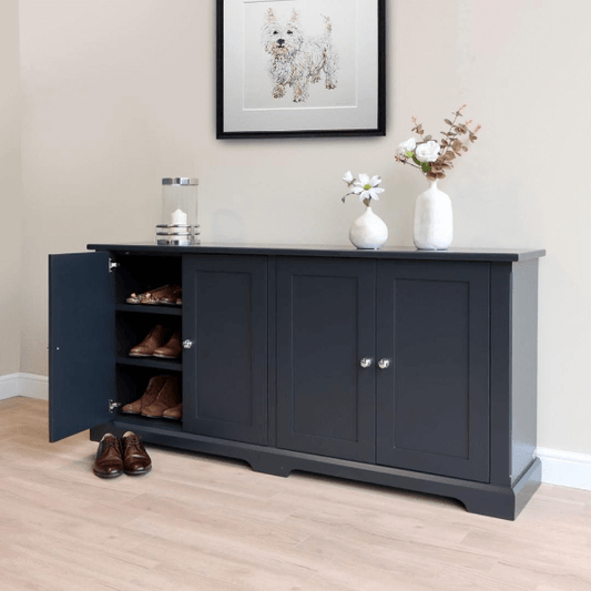 Shoe storage cupboard with 4 doors and two height adjustable shelves in each cupboard
