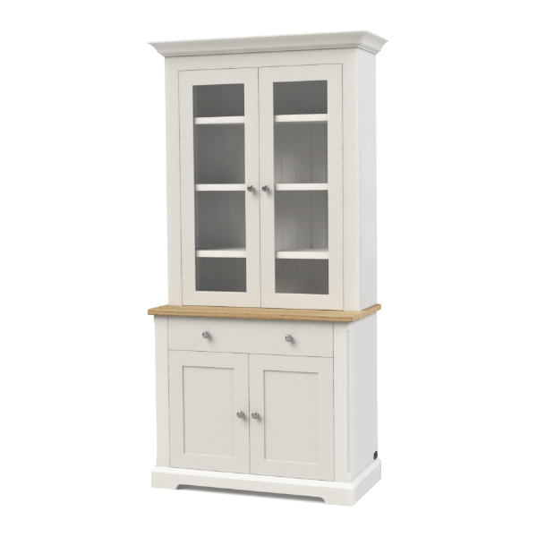 Glazed dresser with a diesboard base and height adjustable shelves in the glazed section