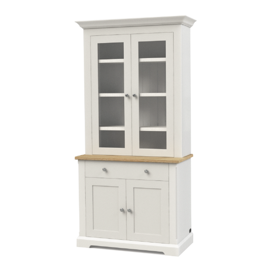 Glazed dresser with a diesboard base and height adjustable shelves in the glazed section