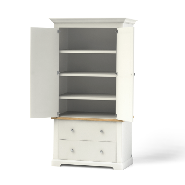 Housekeepers cupboard ideal for storing linen, has two deep soft close drawers and a top cupboard section with internal height adjustable shelves