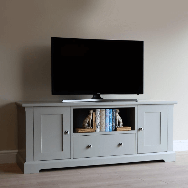 Ashford style Painted Large Media Stand with Side Cupboards, a central soft close drawer and astorage shelf