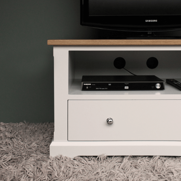 Ashford style painted media stand with oak top, soft closed drawer and storage shelf