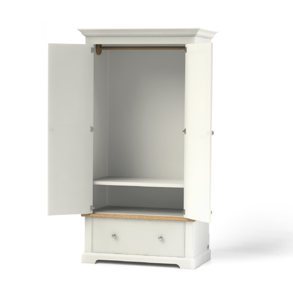 Wardrobe painted in a neutral colour with solid oak accent, internal hanging rail, simple shaker style doors - has one drawer and room for three quarter hanging