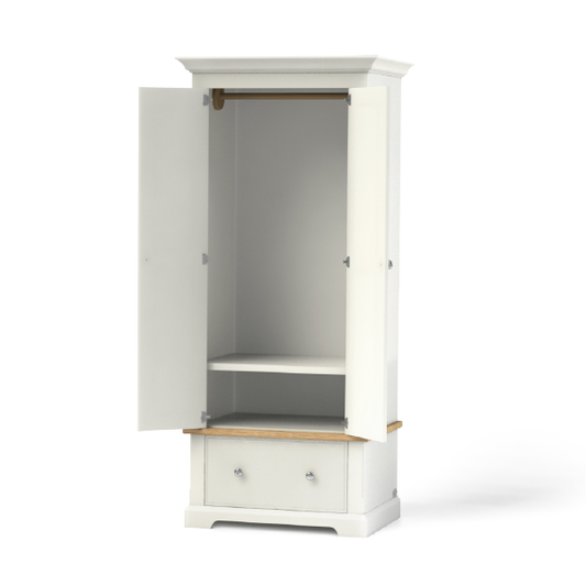 Wardrobe painted in a neutral colour with solid oak accent, internal hanging rail, simple shaker style doors - has one drawer and room for three quarter hanging