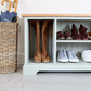 Open shoe bench with room for tall boots and shelves for shoes, with durable solid oak top that doubles up as a bench to sit on when you change your footwear