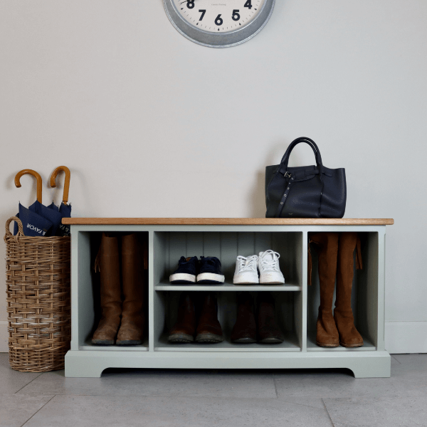 Open shoe bench with room for tall boots and shelves for shoes, with durable solid oak top that doubles up as a bench to sit on when you change your footwear