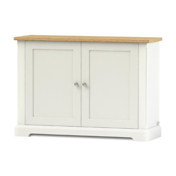 Ashford shoe cupboard with shaker style doors, a chrome knob painted in a neutral shade with a natural oak top and internal height adjustable shelves for shoe storage