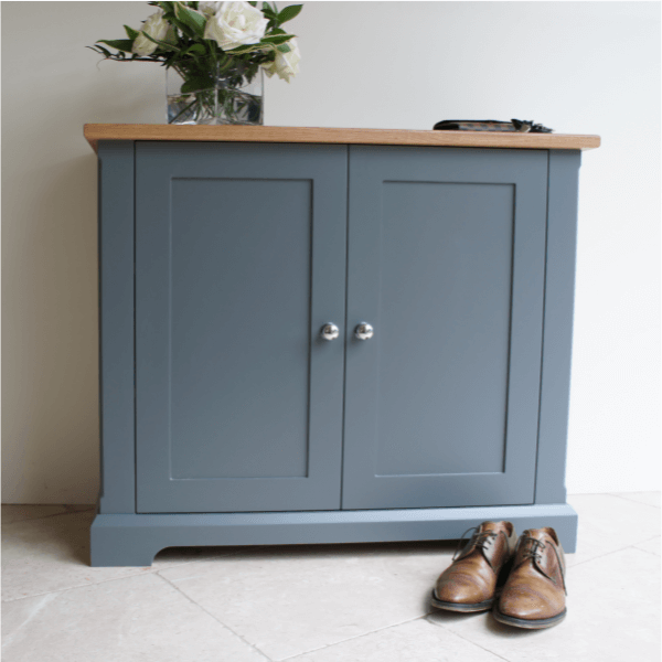 Ashford shoe cupboard with painted exterior, solid oak top and internal height adjustable shelves for shoe storage