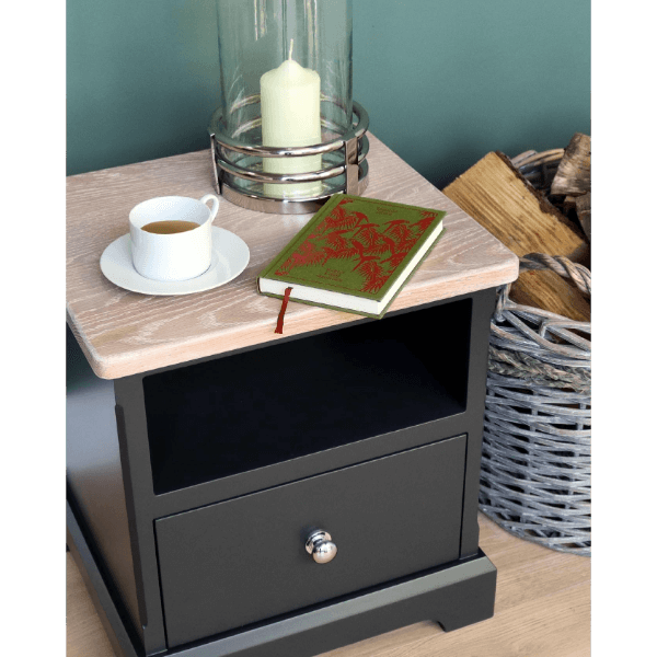 Ashford style side table with oak top, soft closing drawer and open shelf for storage