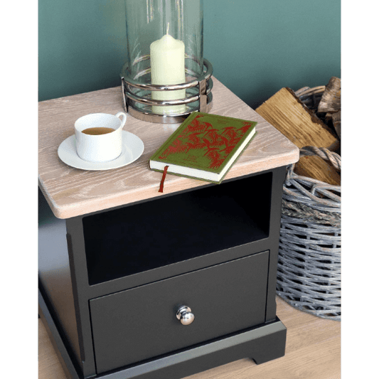 Ashford style side table with oak top, soft closing drawer and open shelf for storage