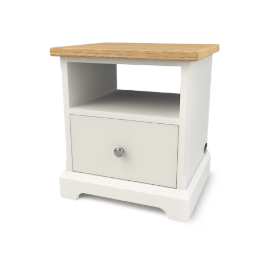 Ashford sidetable with magazine shelf and soft close drawer, solid oak top