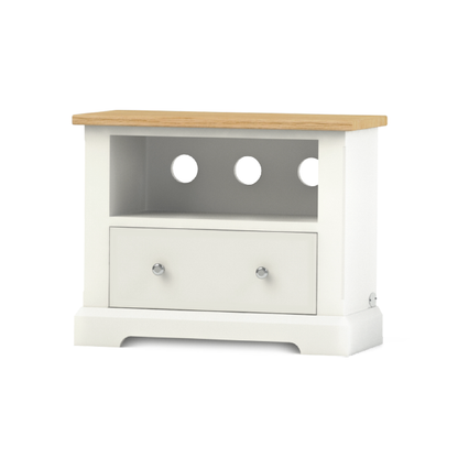 Ashford style painted media stand with oak top, soft closed drawer and storage shelf