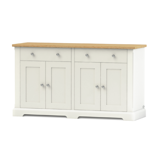 Shaker style double width shoe cupboards painted in a neutral colour with a solid oak top and internal adjustable shelves