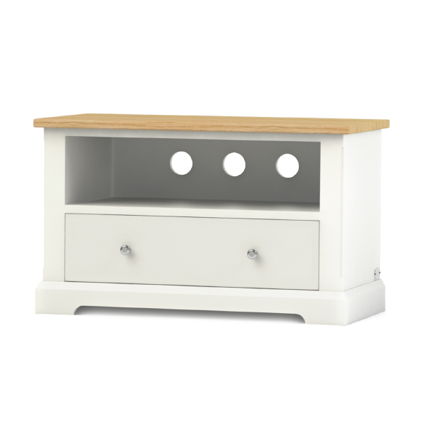 Ashford style painted media stand with oak top, soft closed drawer and storage shelf