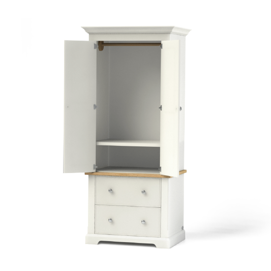Wardrobe painted in a neutral colour with solid oak accent, internal hanging rail, simple shaker style doors - has two drawer and room for three quarter hanging
