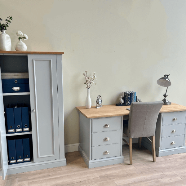 Baslow Writing Desk with Solid Oak Top and two painted plinths each containing three soft close correspondence drawers with chrome cup handles.