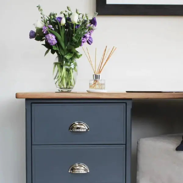 Close up of Baslow Writing Desk with Solid Oak Top.