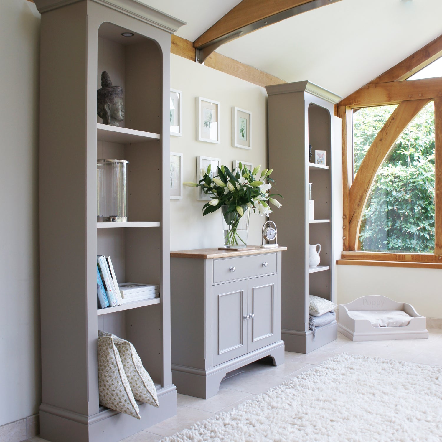 Baslow tall slimline library bookcase with adjustable shelves painted in light grey