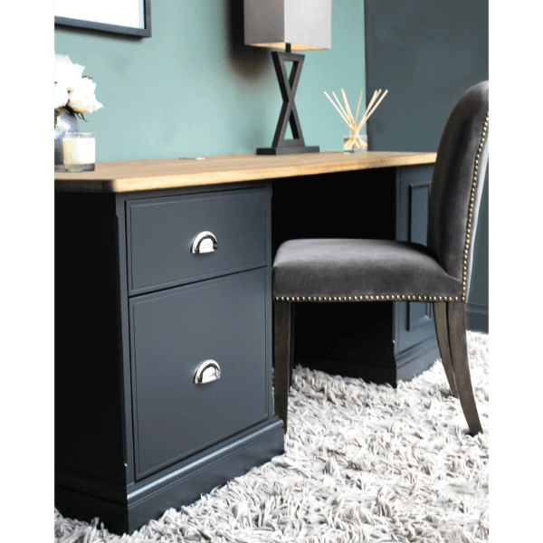 Baslow Writing Desk with Solid Oak Top and two painted plinths one being a cupboard with height adjustable shelf, the other being a filing drawer for foolscap files with a correspondence drawer above with chrome cup handles.