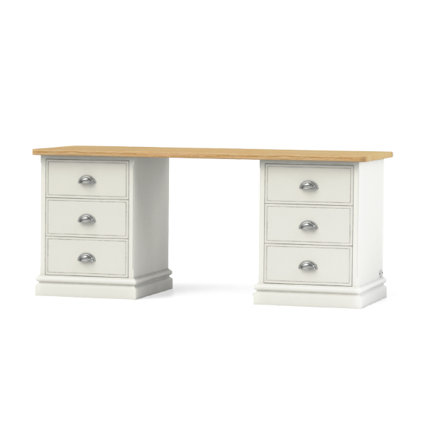 Baslow Writing Desk with Solid Oak Top and two painted plinths each containing three soft close correspondence drawers with chrome cup handles.
