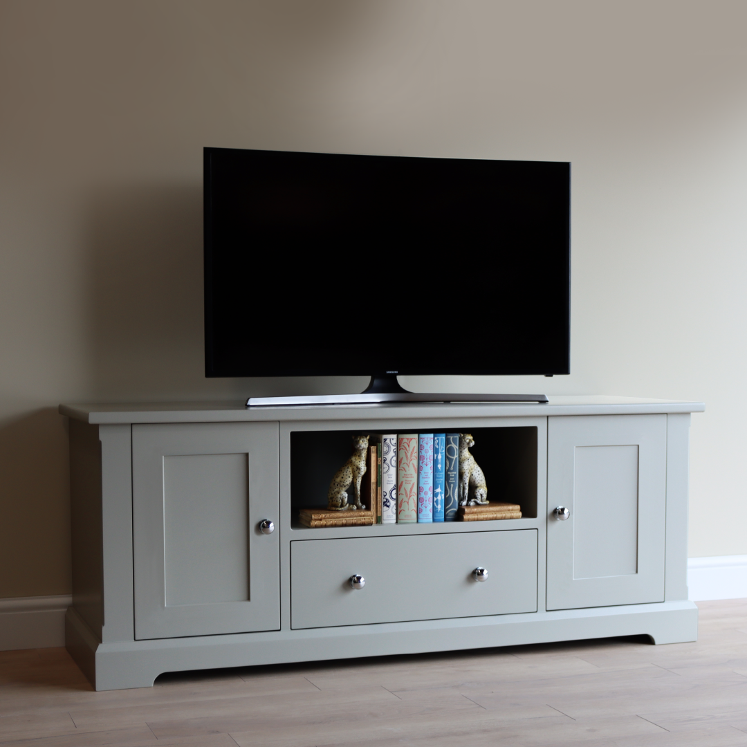 shaker style ashford Media stand for any TV, simple cupoards and soft close drawers for simple storage solutions