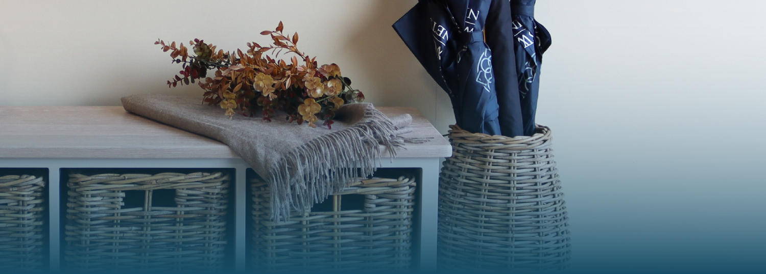 Basket bench with wicker baskets, perfect hallway storage solution