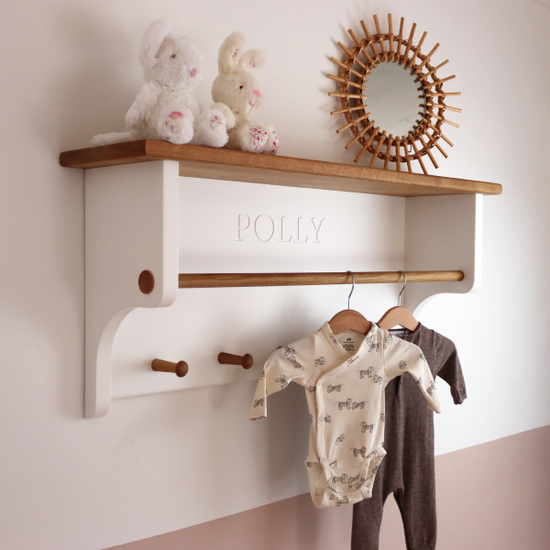 Personalised Little Chatsworth Nursery Rail with oak pegs, wall mounted engraved children's furniture.