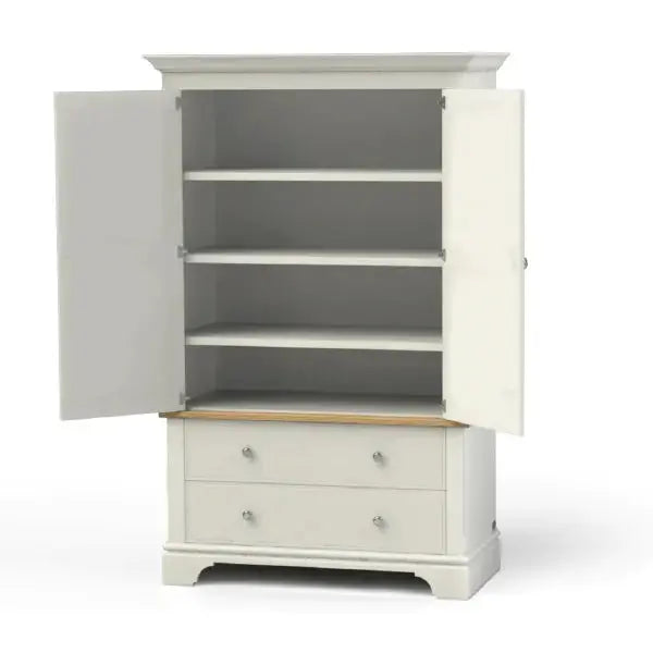 Baslow Housekeepers Cupboard.Housekeepers cupboard ideal for storing linen, has two deep soft close drawers and a top cupboard section with internal height adjustable shelves