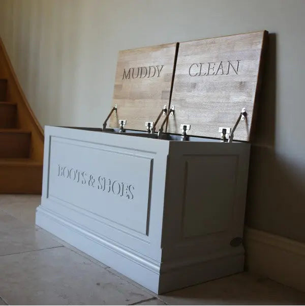 Boots & Shoes Storage Chest with Split Oak Lids.