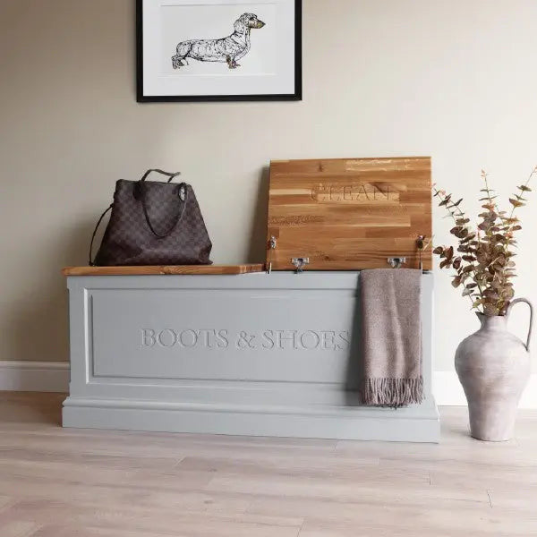 Boots & Shoes Storage Chest with Split Oak Lids.