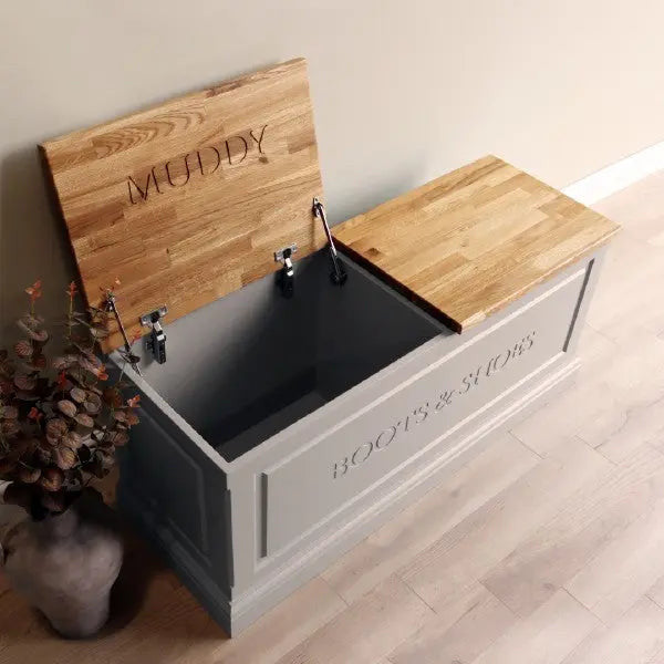 Boots & Shoes Storage Chest with Split Oak Lids.