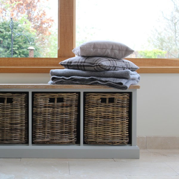 Storage Bench With Wicker Baskets.