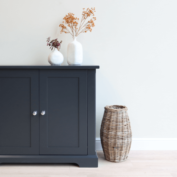 Ashford shoe storage cupboard shown with doors closed and painted in dark blue with a painted top