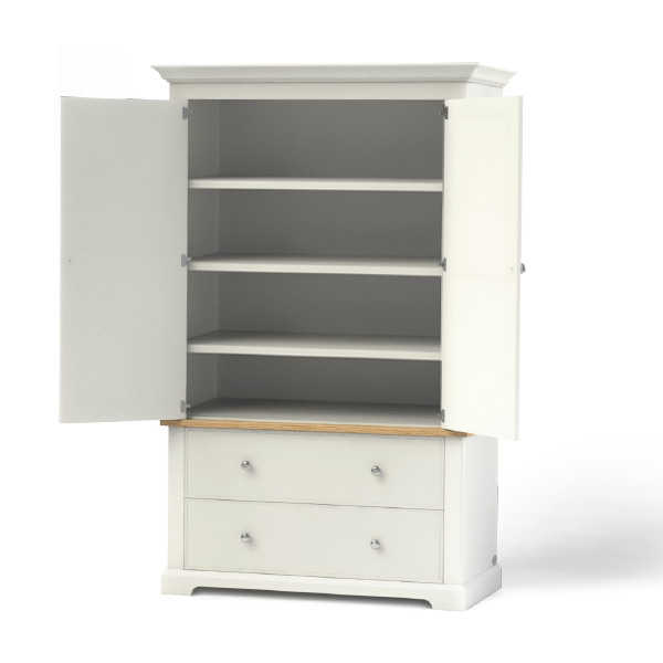 Housekeepers cupboard ideal for storing linen, has two deep soft close drawers and a top cupboard section with internal height adjustable shelves