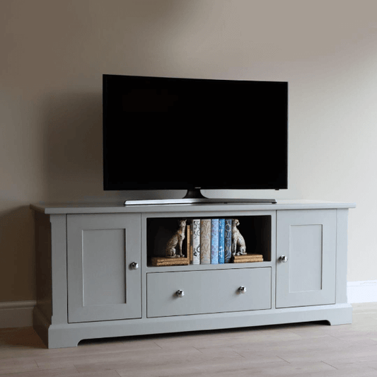 Ashford style Painted Large Media Stand with Side Cupboards, a central soft close drawer and  astorage shelf
