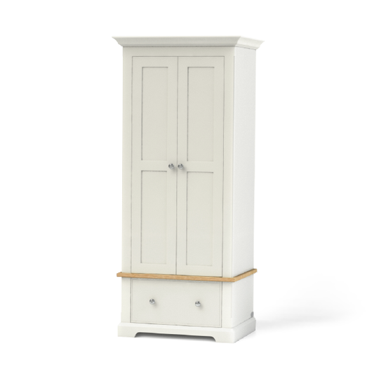 Wardrobe painted in a neutral colour with solid oak accent, internal hanging rail, simple shaker style doors - has one drawer and room for three quarter hanging