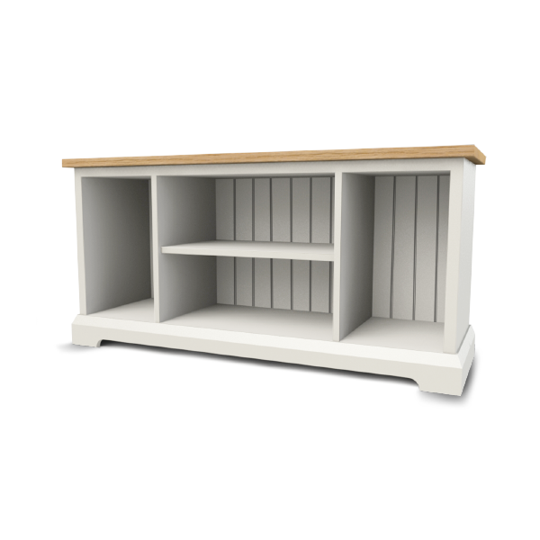 Open shoe bench with room for tall boots and shelves for shoes, with durable solid oak top that doubles up as a bench to sit on when you change your footwear