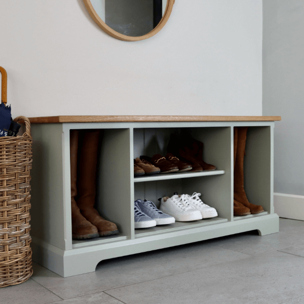 Open shoe bench with room for tall boots and shelves for shoes, with durable solid oak top that doubles up as a bench to sit on when you change your footwear