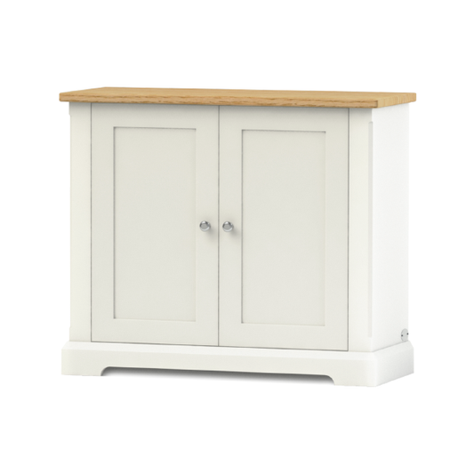 Ashford shoe cupboard with shaker style doors, a chrome knob painted in a neutral shade with a natural oak top