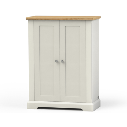 Ashford shoe cupboard with shaker style doors, a chrome knob painted in a neutral shade with a natural oak top