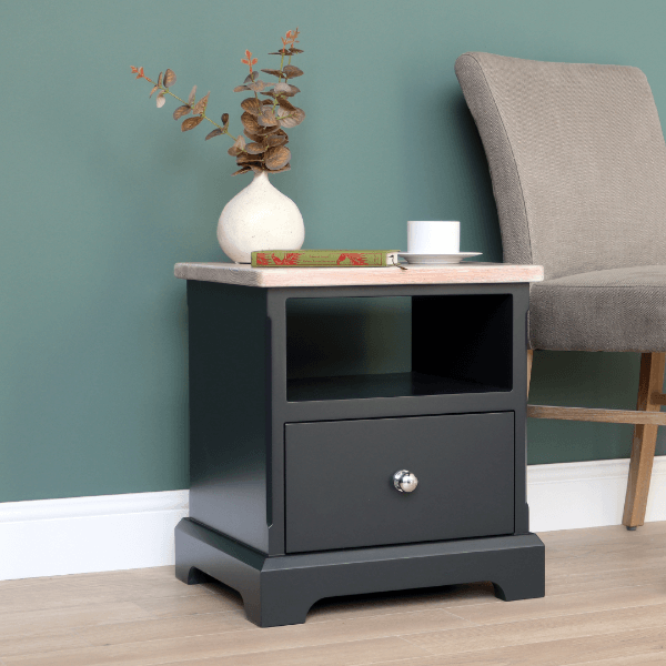 Ashford style side table with oak top, soft closing drawer and open shelf for storage