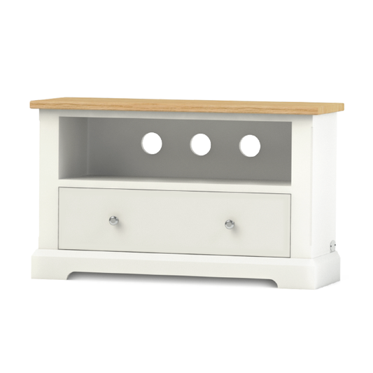 Ashford style painted media stand with soft closed drawer and storage shelf