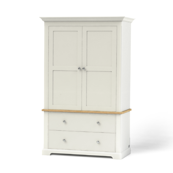 Wardrobe painted in a neutral colour with solid oak accent, internal hanging rail, simple shaker style doors - has two drawer and room for three quarter hanging