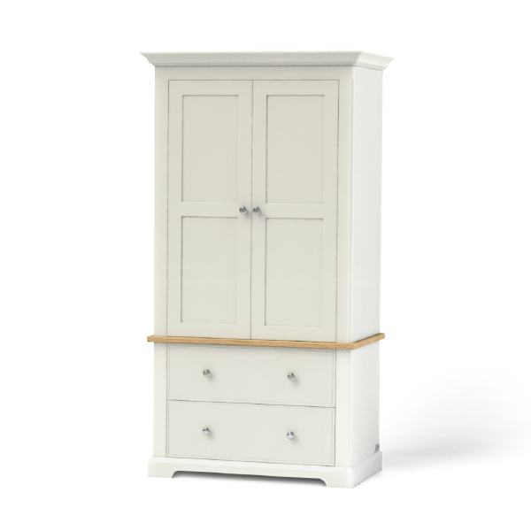 Wardrobe painted in a neutral colour with solid oak accent, internal hanging rail, simple shaker style doors - has two drawer and room for three quarter hanging