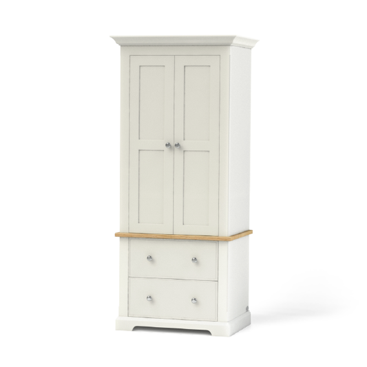 Wardrobe painted in a neutral colour with solid oak accent, internal hanging rail, simple shaker style doors - has one drawer and room for three quarter hanging