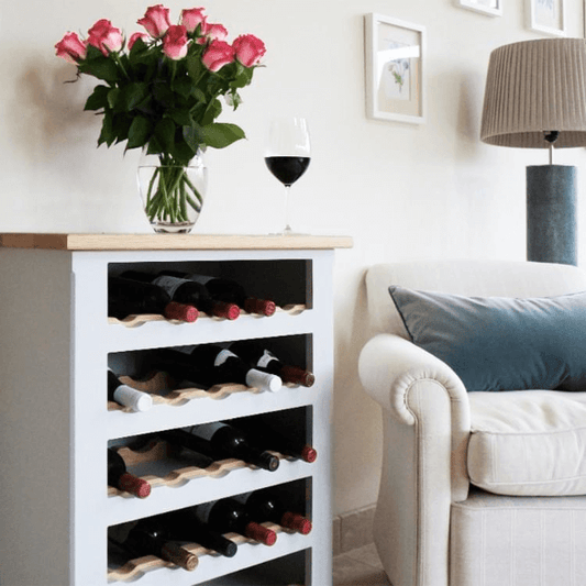 Ashford Floor standing wine rack with oak top and oak bottle holders.  Images is of a cabinet painted in grey with enough space for  25 wine bottles