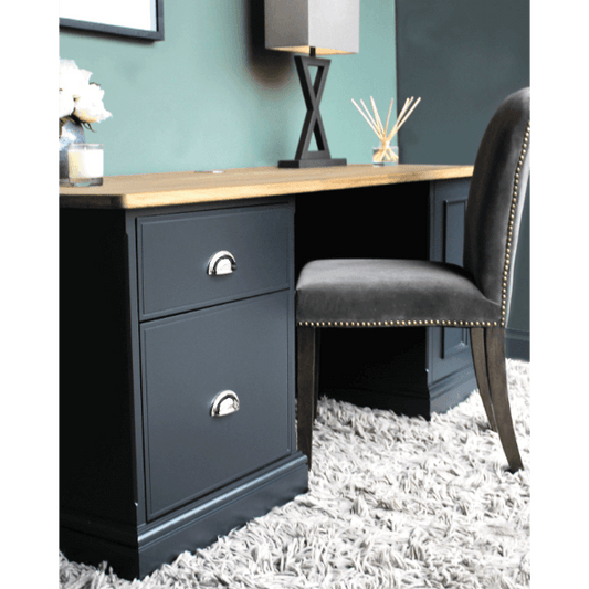 Baslow Writing Desk with Solid Oak Top and two painted plinths one being a cupboard with height adjustable shelf, the other being a filing drawer for foolscap files with a correspondence drawer above with chrome cup handles.